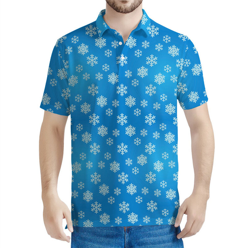 남성용 크리스마스 눈송이 패턴 폴로 셔츠, 3D 프린트 티셔츠, 여름 스트리트웨어, 여성 반팔 상의, 라펠 티셔츠