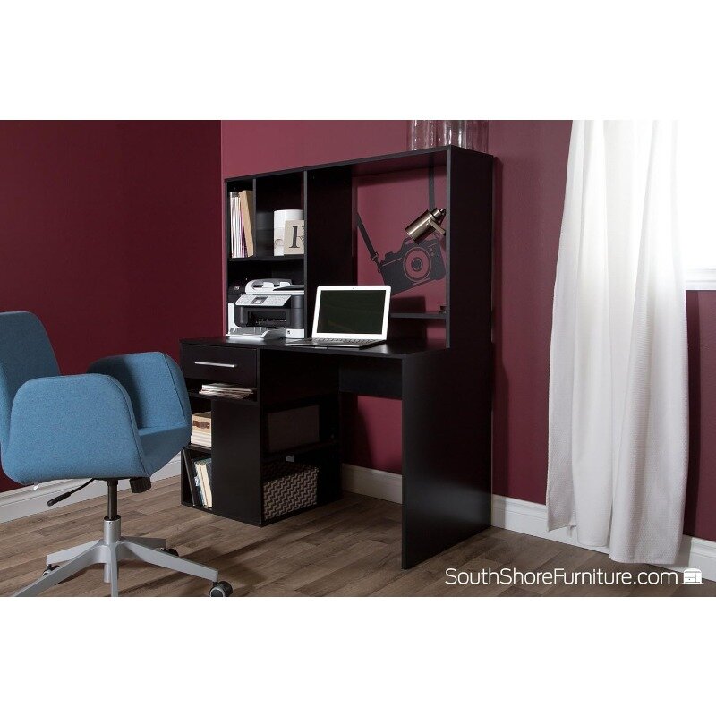 South Shore-Narrow Home Office Mesa do computador com Hutch, mesa preta pura do escritório