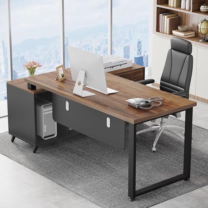 Стол Tribesigns L-образный с 2 ящиками, офисный стол руководителя 55 дюймов с полками для хранения шкафов, деловая мебель L-образной формы