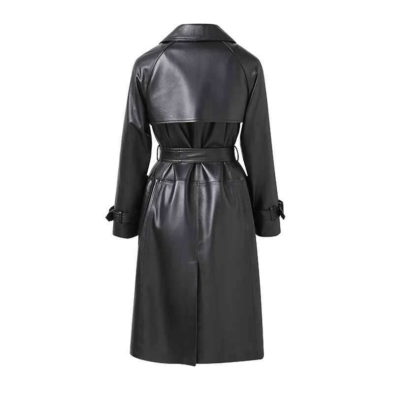 Jaket kulit wanita, mantel panjang musim dingin kulit domba asli, mantel Trench sabuk, mode tahan angin Solid CL5151 2024