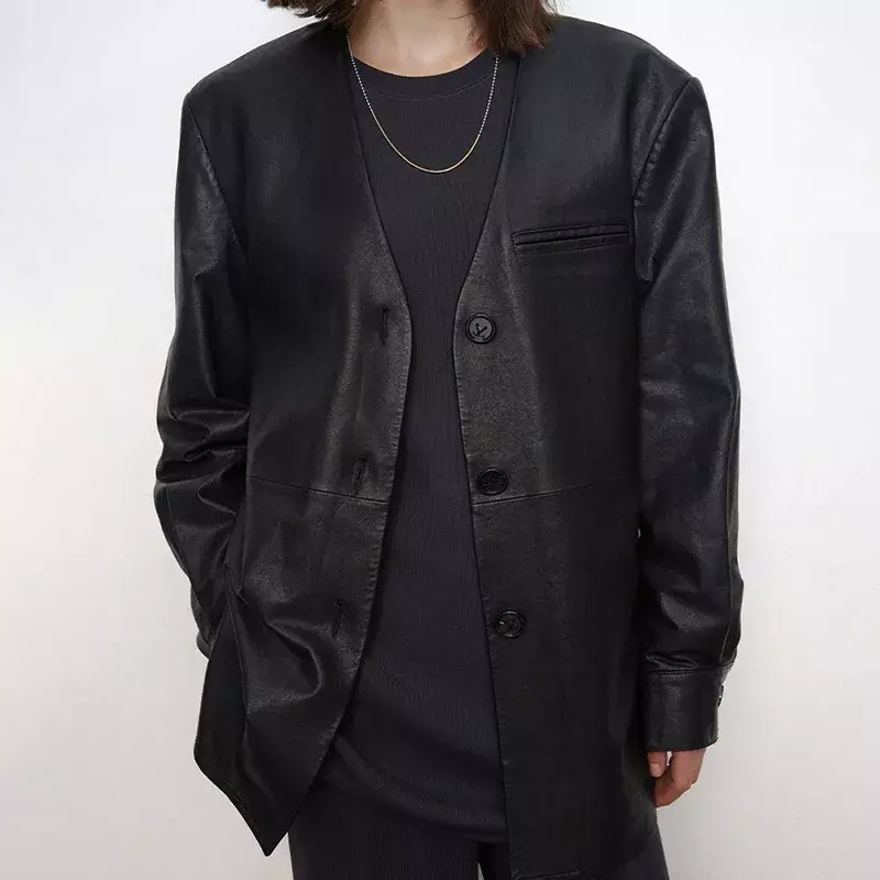 Jaket kulit musim gugur 2024, pakaian luar lengan panjang kerah kasual Overshirts jalanan atasan hitam kulit asli modis
