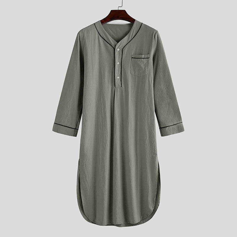 ชุดนอนมุสลิมแขนยาวคอวีแนวย้อนยุคของผู้ชายเสื้อคลุมเสื้อใส่อยู่บ้านสีทึบแขนยาว