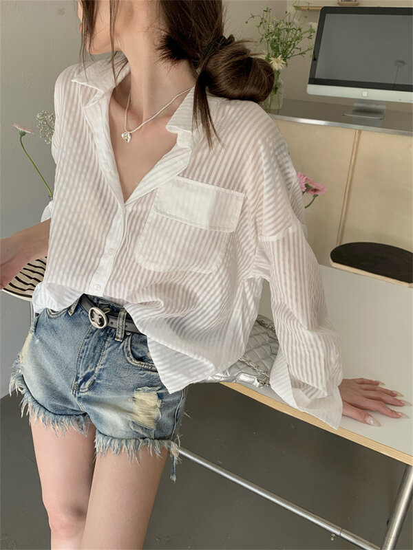White Shirts Stripes Full Sleeve Thin Women Loose Casual Sunscreen Office Lady Streetwear Chic Summer 2023 Work Wear