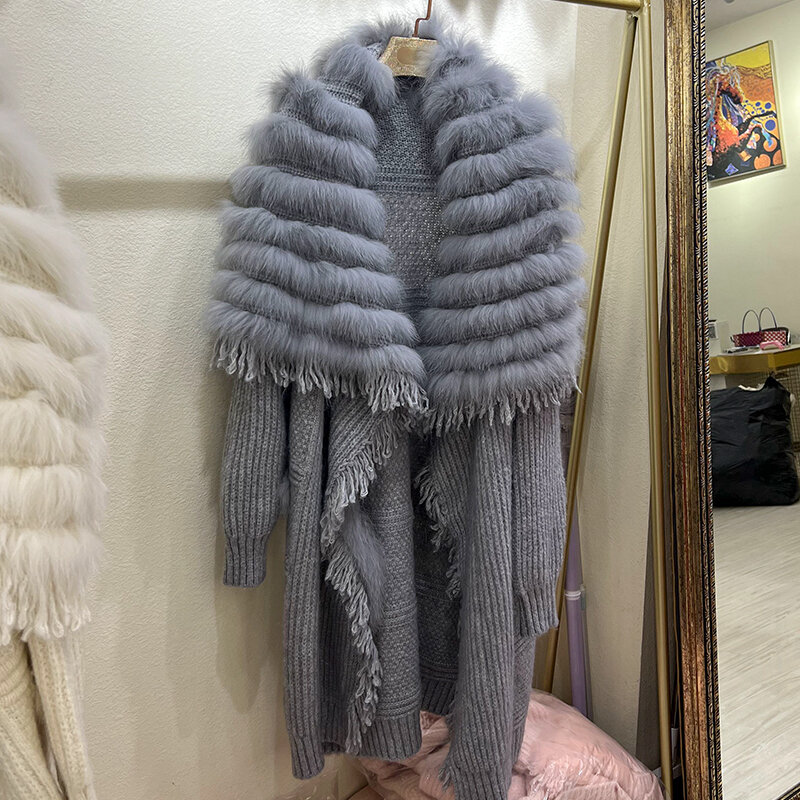 2024 New Real fur,Women Real Fox Fur Knitting Oversized Cardigan With Tassel Loose Autumn Winter Natural Fur Strip Loose-fit Lon