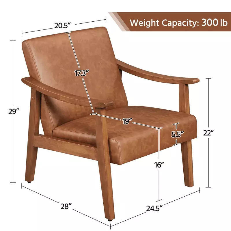 Акцентное кресло, кожаное поролоновое и деревянное мягкое сиденье и наклонная спинка, акцентное кресло