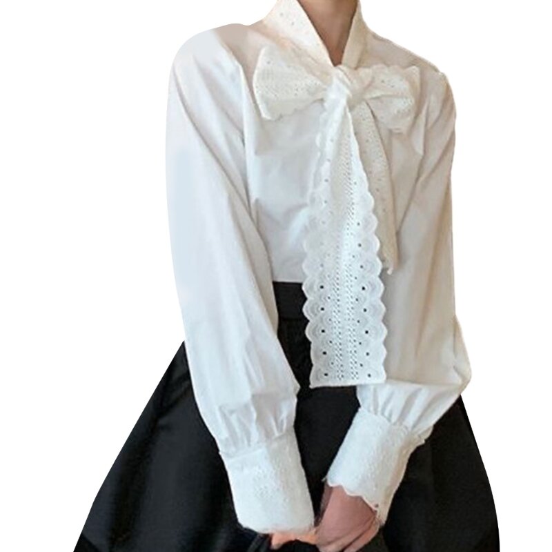 Blusa manga larga con cuello pajarita Retro para mujer, Tops tipo túnica informales, camisas con puños botones manga