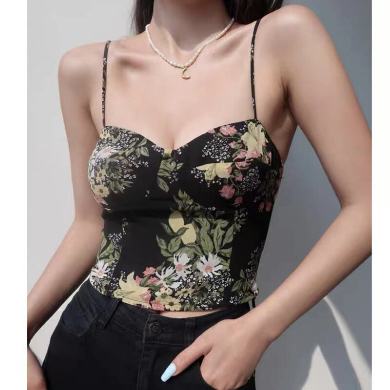 Flowers Printed Yoga Suit For Women With Removable Chest Pad Ladies Fashionable  Suspenders Quick-dry High Elastic Fitness Top