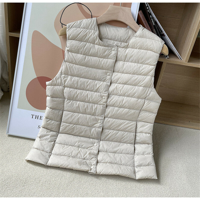 Two Wear Outono Inverno Mulheres Ultra Light White Duck Down Vest Coat Senhoras sem mangas Colete Quente Puffer Jacket Curto 4XL