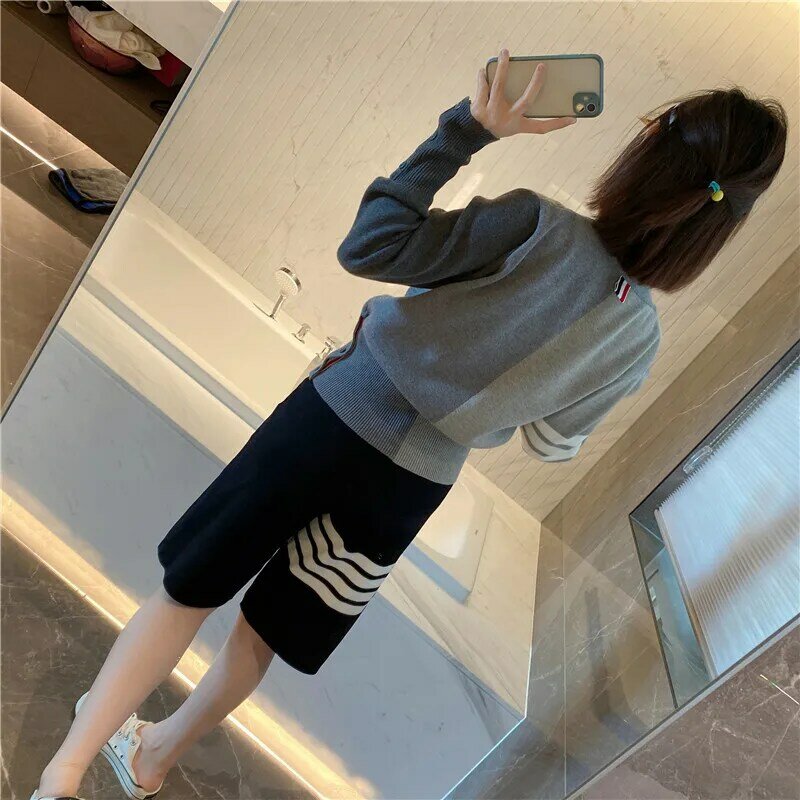 High-quality TB Colorblock Sweater Cardigan Coat Women's Spring All-match V-neck Knitted Stitching Top
