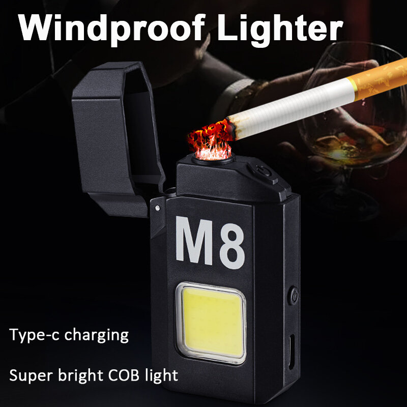 Cob Led Flahlight Met Aanstekers Dual Arc Puls Vlamloze Aansteker Type C Oplaadbare Lichtere Werklamp Mini Licht Heren Cadeau