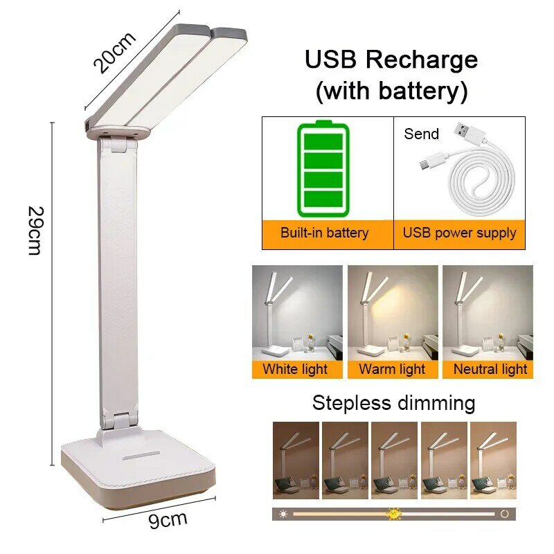 Lampu meja LED 3 tingkat dapat diredupkan, lampu malam pelindung mata USB dapat diisi ulang, lampu meja dapat dilipat untuk kamar tidur, Meja samping tempat tidur