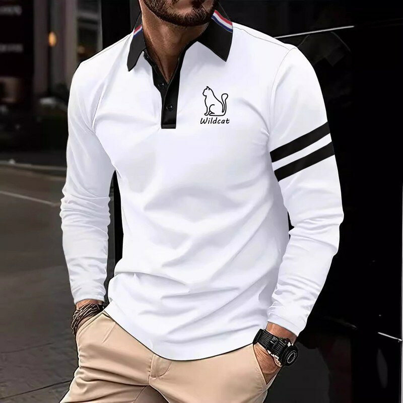Camisa polo masculina de manga comprida, top justo, moda casual, novo, 2024