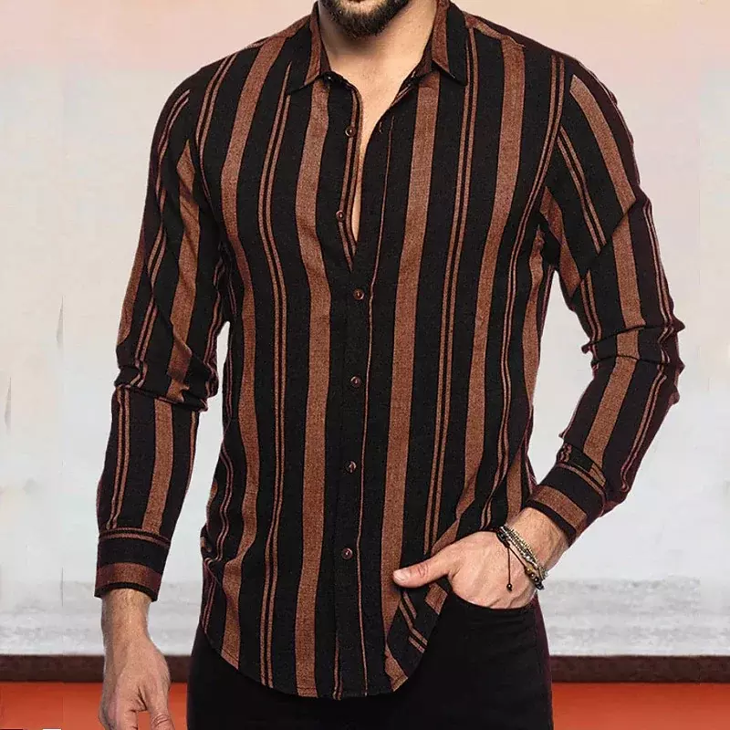 Camisa con botones para hombre, camisa informal de manga larga a rayas, Color negro, rojo y café, ropa de calle diaria, comodidad informal a la moda