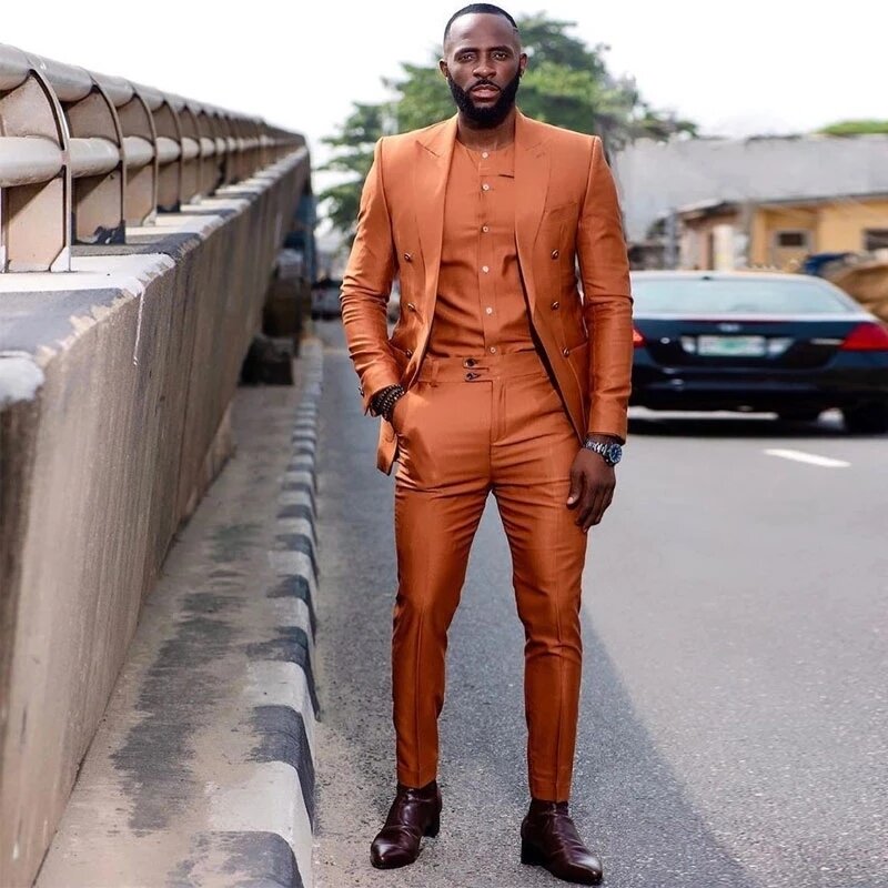 New Orange African Men Suits Peak Lapel Wedding Slim Fit Groom Tuxedo Terno Masculino Prom Blazer 2 Pc Jacket Pant Costume Homme