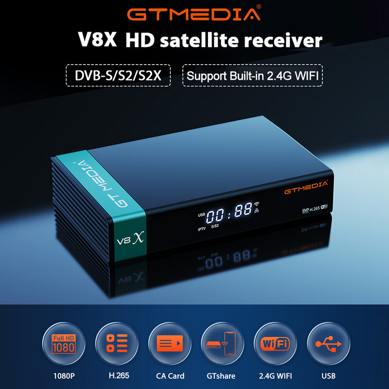 GTMEDIA-receptor satélite V8X HD 1080P, decodificador de TV con DVB-S/S2/S2X, WIFI integrado de 2,4G, H.265, compatible con tarjeta SAT a Gtplayer CA