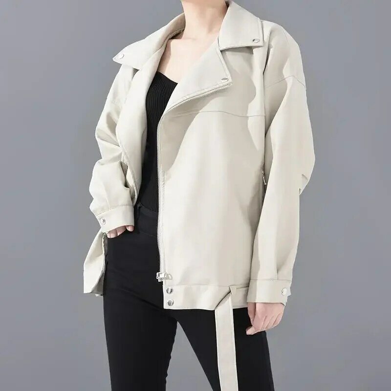 Jaqueta feminina solta de couro sintético de PU, preta, macia, casacos casuais, rua, moto, casaco feminino