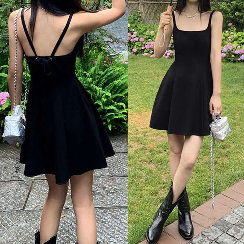 فستان أسود نسائي بدون أكمام بخصر عالٍ ، أزياء بسيطة على شكل A-line ، تصميم أنيق ، كاجوال ، صيفي