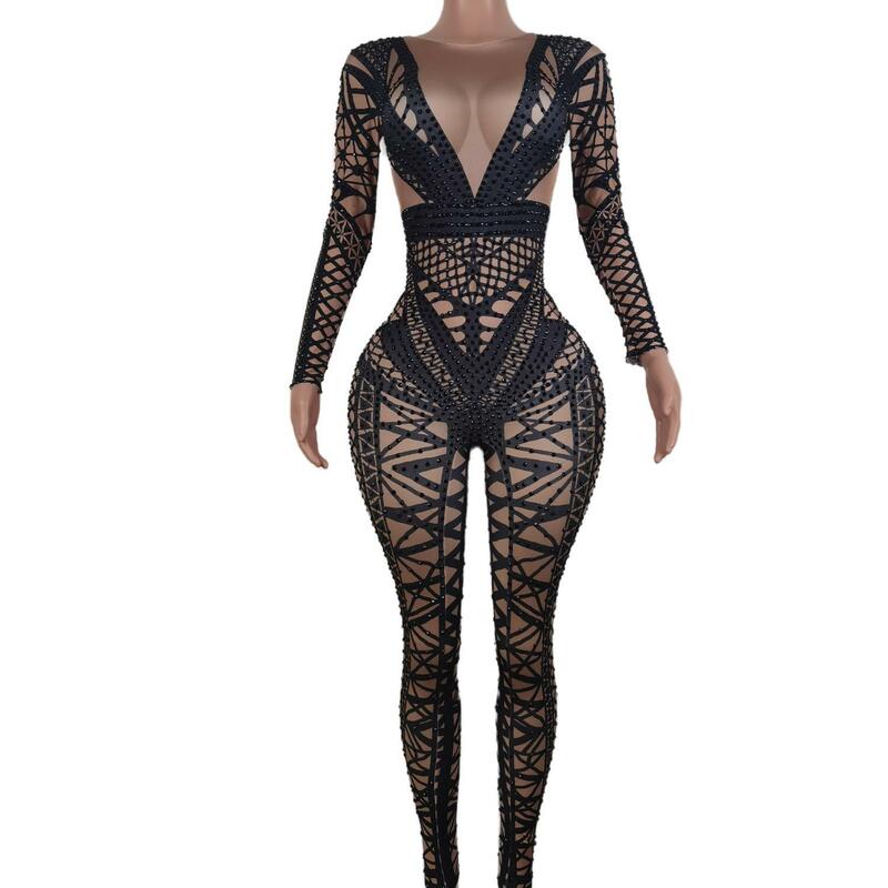 Sexy Jumpsuit Women Black Long Sleeve Print Costume Crystal Nightclub Dance Outfit Party Pole Stage Performance Wear Heisanjiao