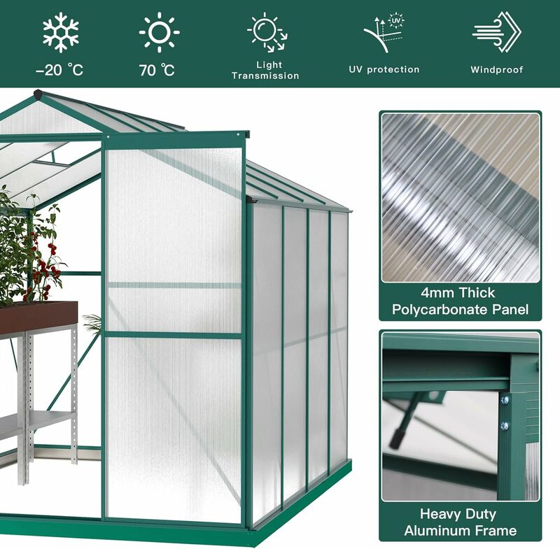 Invernadero de policarbonato para exteriores, jardín resistente con marco de aluminio para plantas, nieve e invierno, 6x8/10 pies