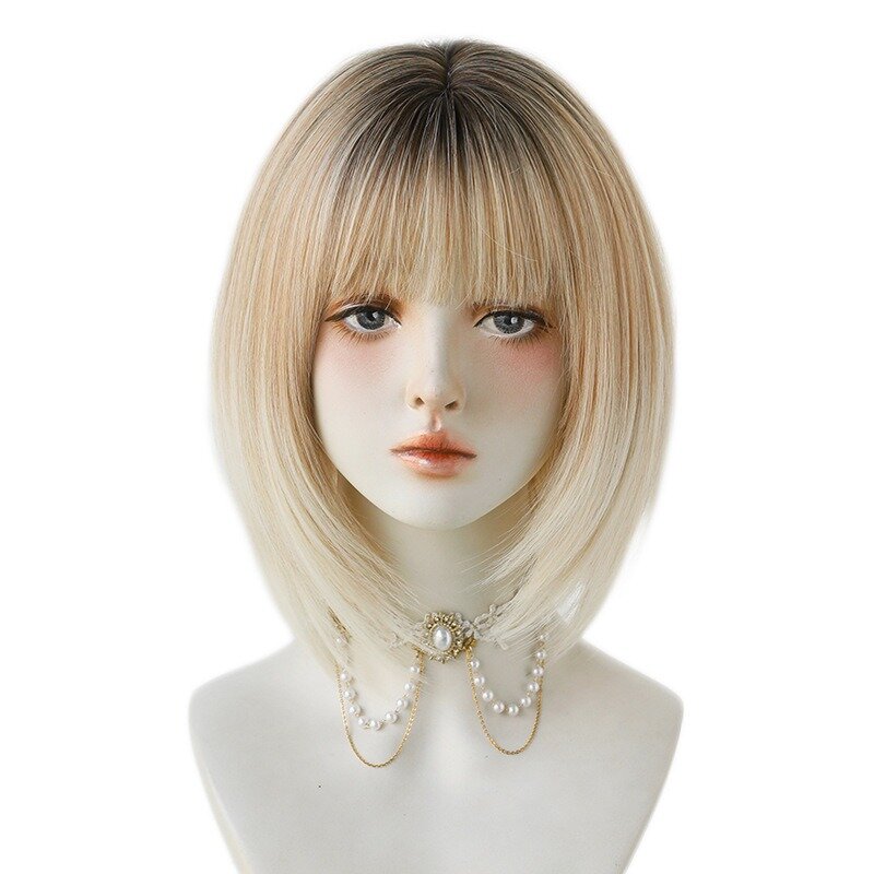 Nowa syntetyczna modna krótkie proste włosy peruka zestaw słuchawkowy dla kobiet biała brązowa Ins stylowe Bob naturalne codzienne brazylijskie bezklejowe peruki