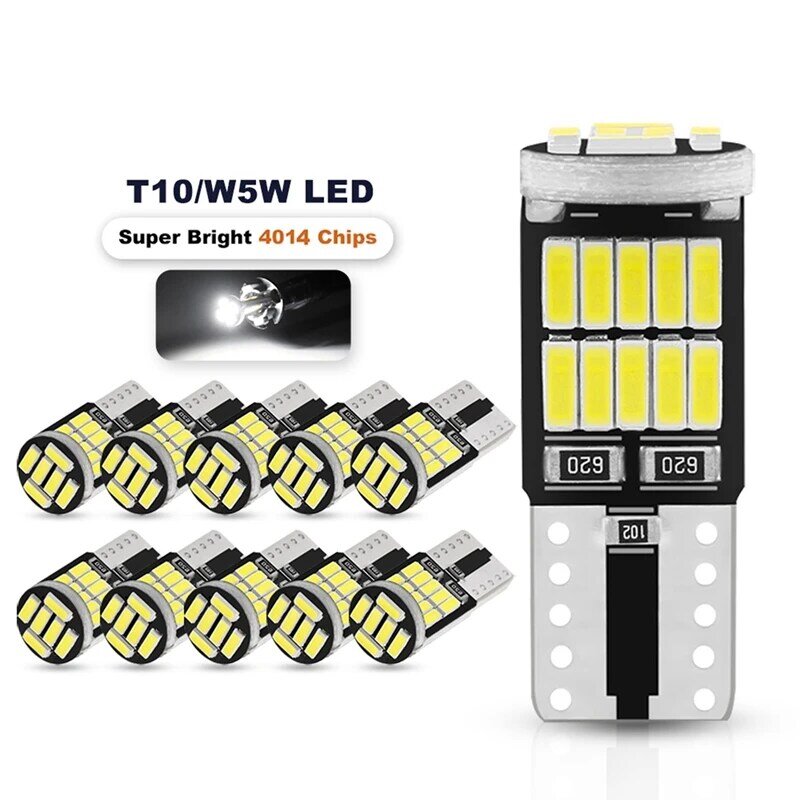 Bombillas LED 20 piezas W5W T10 4014 26SMD para Interior de coche, lámpara de techo, señal de matrícula, caja trasera, luz blanca de 12V