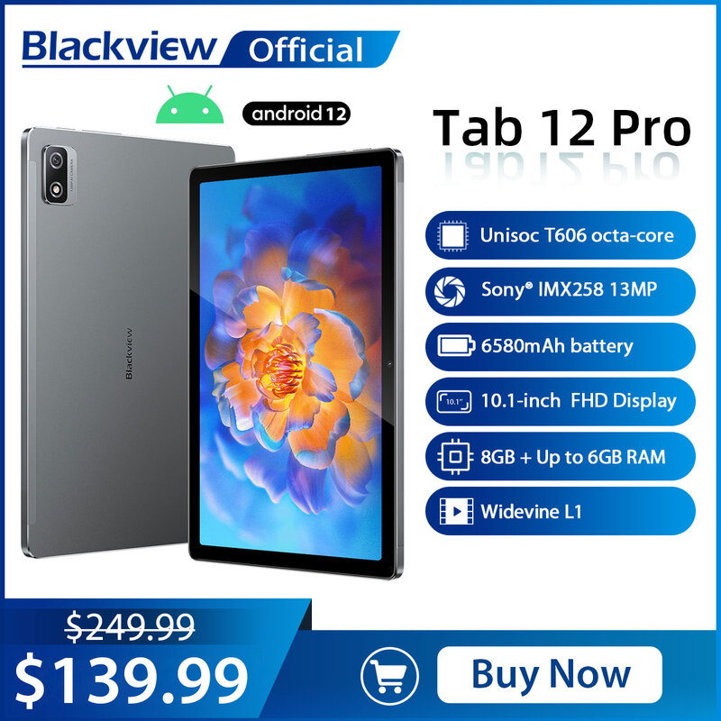 Blackview-Tableta Tab 12 Pro de 10,1 pulgadas, Tablet PC con Android 12, T606, ocho núcleos, 8GB + 6GB de RAM, 128GB, 6580mAh, cámara de 13MP, 4G Dual