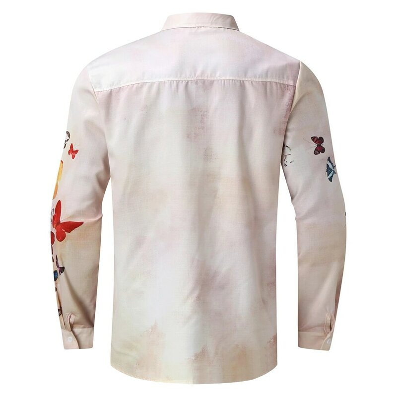 Camisa de manga comprida slim fit masculina, botão por cima, estampa borboleta, solta, havaiana, plus size, tops
