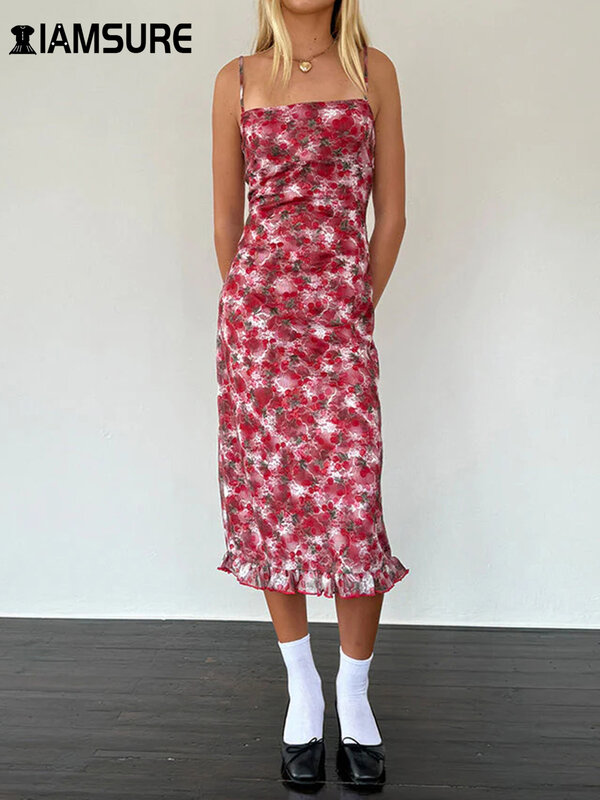 Сексуальное прямое платье IAMSURE с цветочными оборками, праздничное облегающее платье макси без рукавов с воротником-лодочкой для женщин 2024, летнее модное женское платье