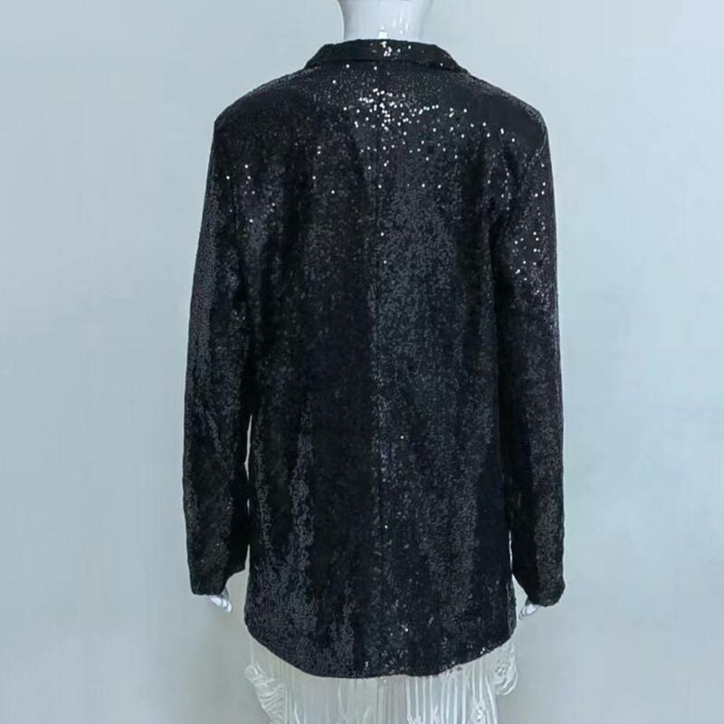 Spring Autumn Cardigan Chic Sequin Lapel Cardigan Office Work Jacket Women's Open Front Coat Stylish Clubwear for Casual Formal