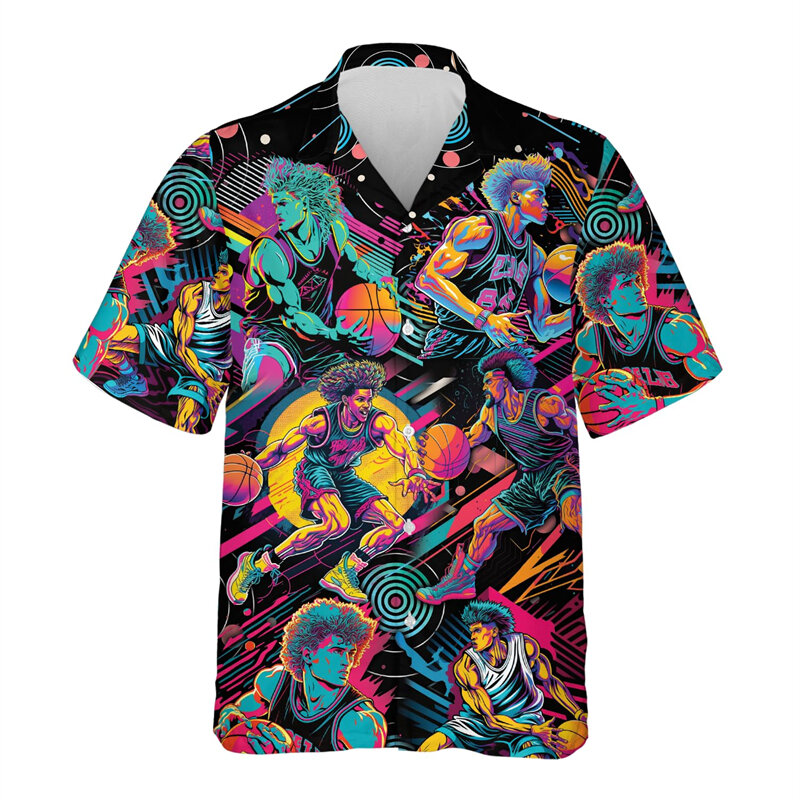 قمصان رجالية بطباعة ثلاثية الأبعاد لكرة السلة في الشوارع ، بلوزة كاجوال بطية صدر للرجال ، قميص شاطئ هاواي الهيب هوب ، أعلى الزر ، ملابس الموضة