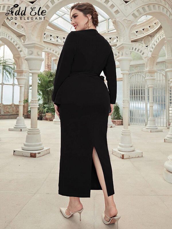 Add Elegant Plus Size Pencil Dress Women 2022 Autumn Fake Two Piece Casual Gentle Design V-Neck Long Sleeve Clothing B998