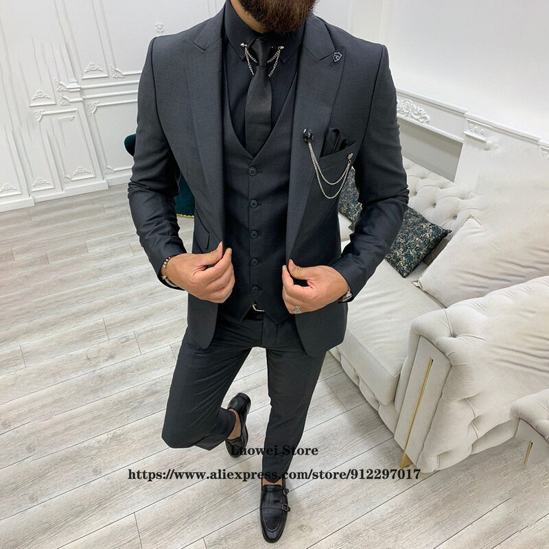 Fashion Suit For Men Slim Fit 3 Piece Jacket Vest Pants Set Formal Groom Wedding Peaked Lapel Tuxedo Male Office Business Blazer