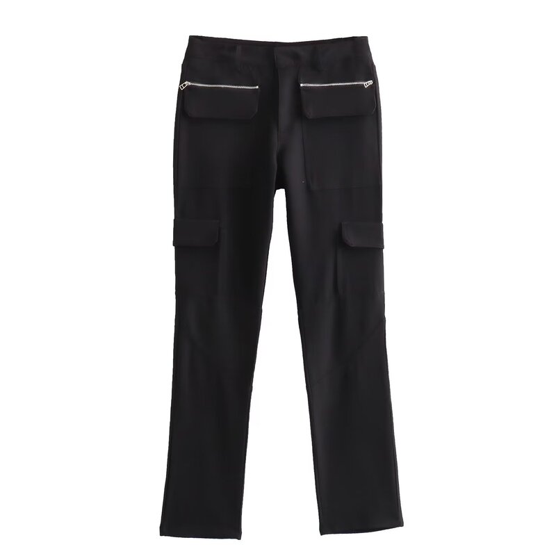 Women 2023 New Chic Fashion Zipper decoration Black casual Cargo Pants Vintage High Waist Pockets Female Trousers Mujer