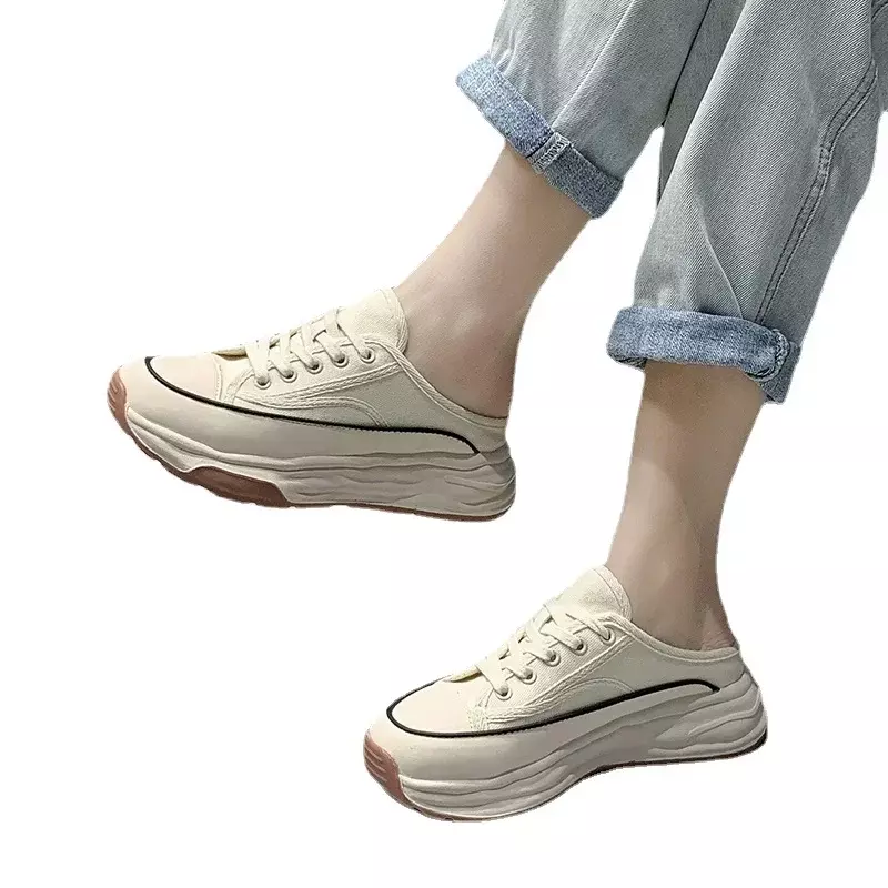 Chinelo meio feminino Baotou, chinelo versátil com renda casual, sapatos de plataforma, nova tendência, Outer Wear, verão, 2022