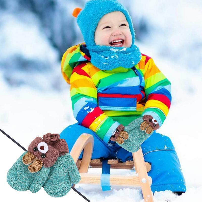 Luvas de urso bonito dos desenhos animados para bebês, luvas de lã tricotadas para meninos e meninas, grossas e quentes, luvas de corda completa para crianças, 0-3 anos, inverno