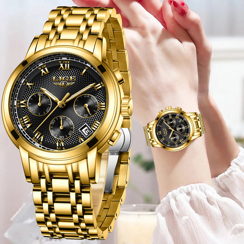 Часы наручные LIGE женские из нержавеющей стали, модные водонепроницаемые золотистые, с браслетом под платье, 2023