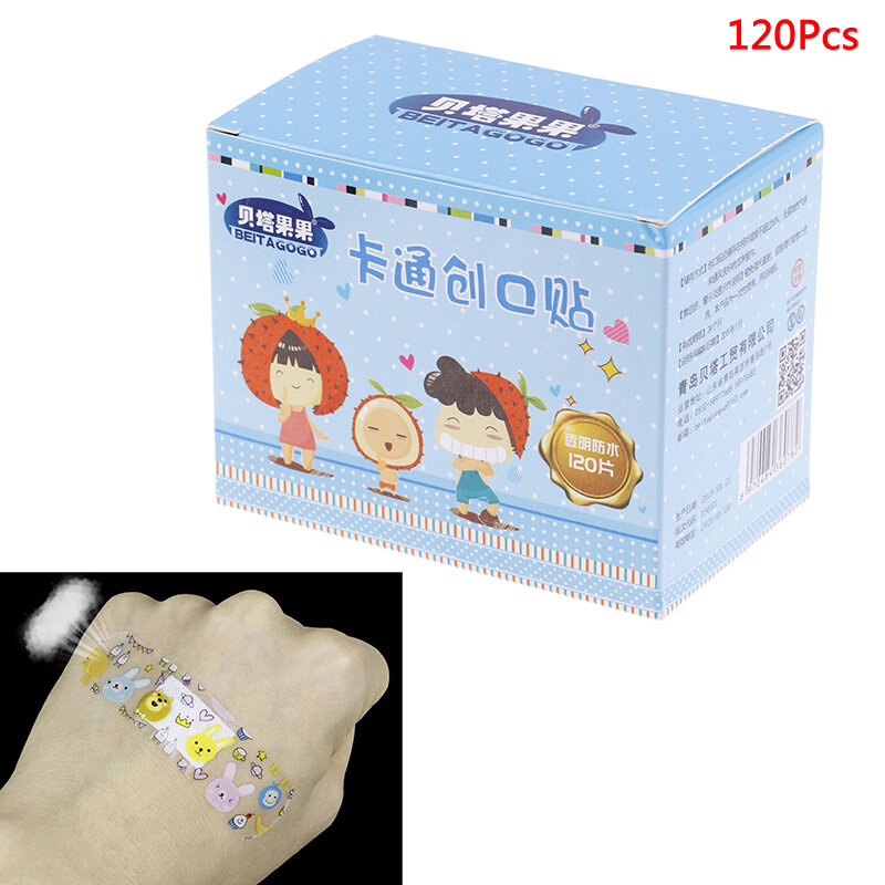 120PCS Breathable Transparent PE Cartoon Band Aids Adhesive Bandages Stickers