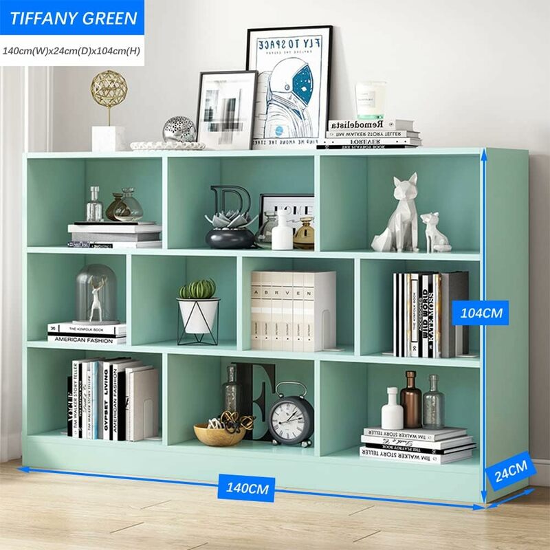 Tiffanyグリーンオープン本棚、ローウッドディスプレイオーガナイザー、フロアスタンド、3レベル