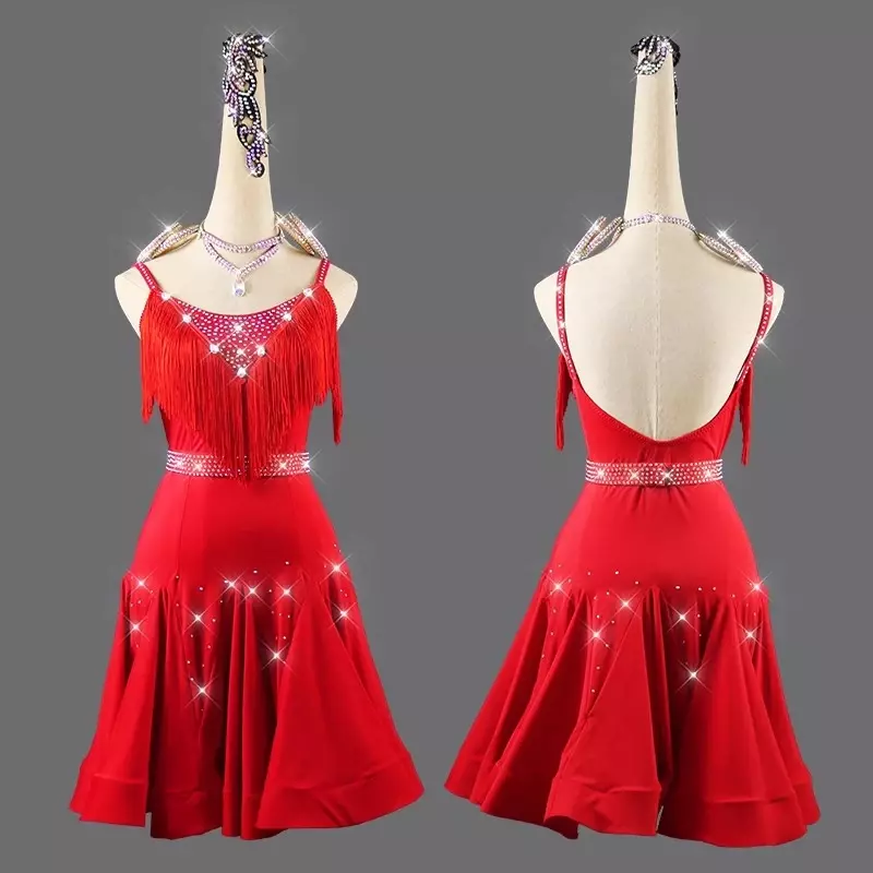 Vestido de competición de baile latino profesional rojo para mujer, ropa de práctica deportiva, disfraz de graduación, falda para mujer, Ropa de baile para niña Samba