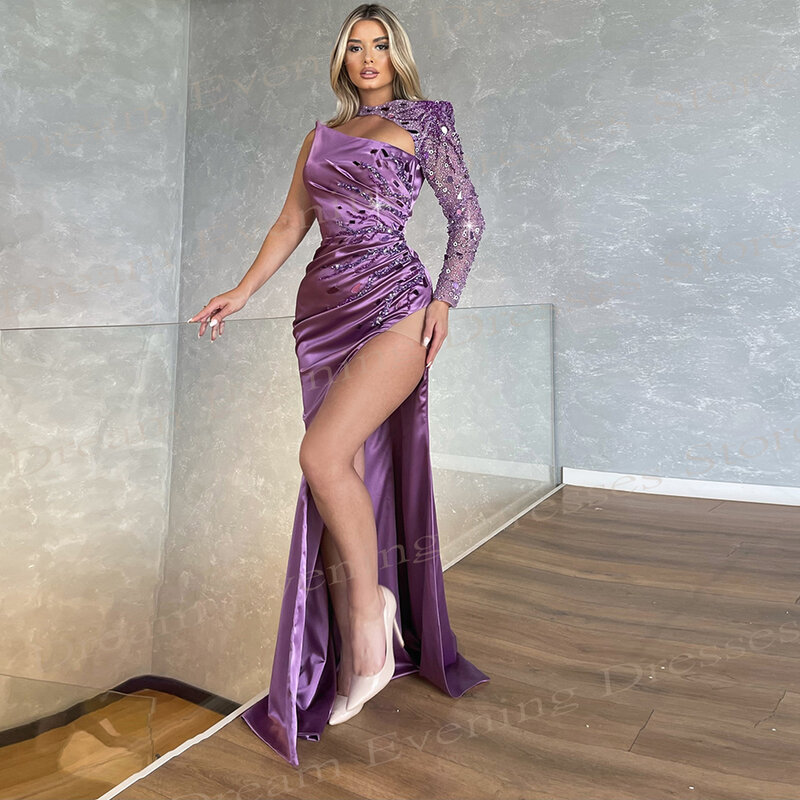 Charming Purple Women's Mermaid New Evening Dresses Modern One Shoulder Shiny Prom Gowns High Side Split  فساتين حفلة موسيقية