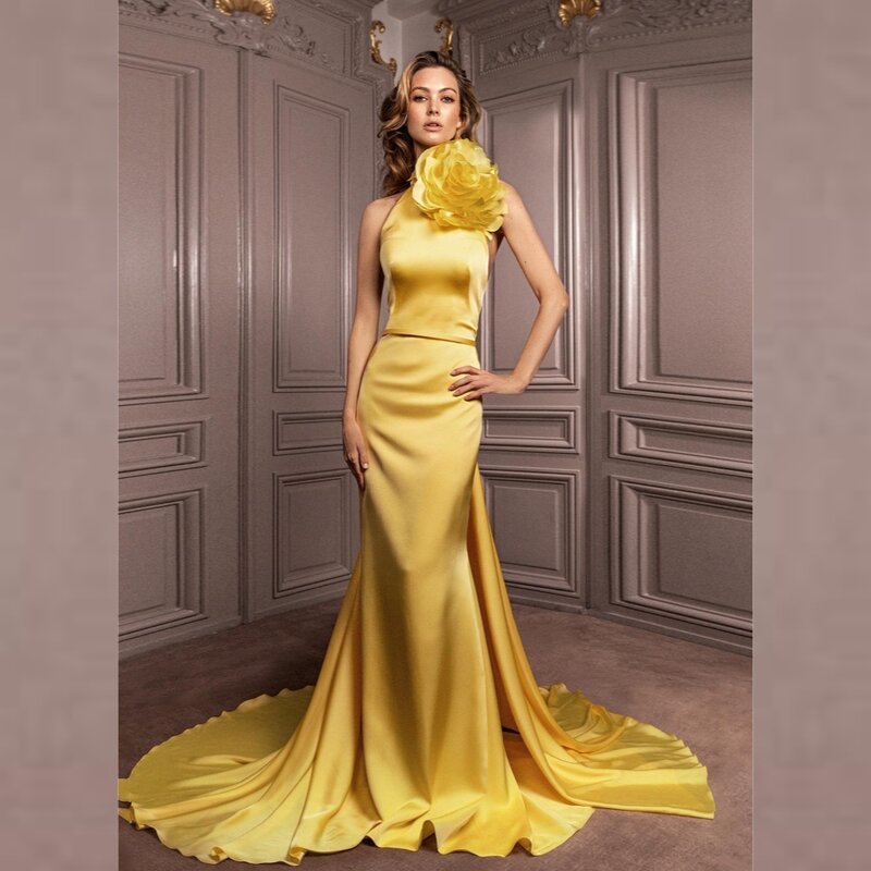 Ball Dress Evening Satin Flower Draped Pleat Ruched Party Mermaid High Collar Bespoke Occasion Gown Long Dresses