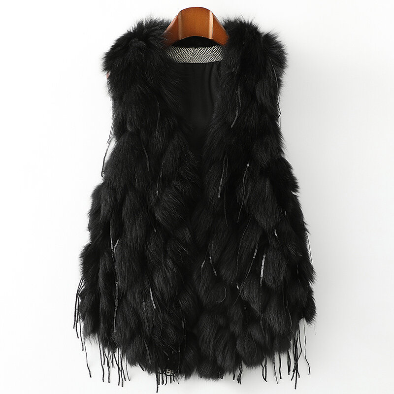 2023 nova moda de luxo real natural genuína pele de raposa colete feminino gilet jaquetas com borla