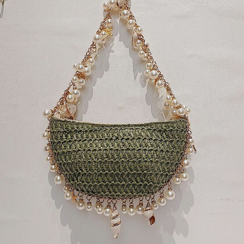Modne perły łańcuchy słomiane torby na ramię dla kobiet Half Moon torebki ręcznie splatane letnie torba na plażę eleganckie torebki wakacyjne