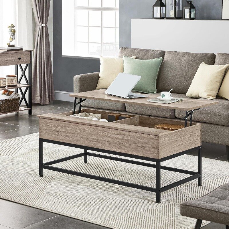 Levante a mesa de café superior com armazenamento, Split Lift Up Coffee Table para sala de estar, Mesa central de madeira para espaço pequeno