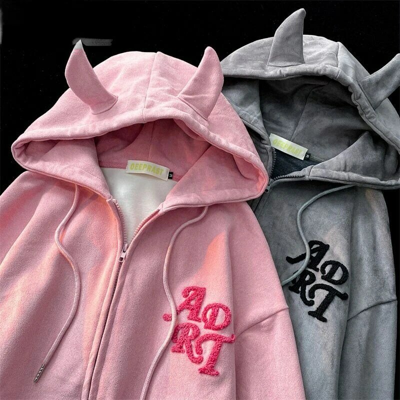 2022 New embroidered tassel cute devil horns hooded velvet thick zipper jacket sweater women's autumn and winter plus hoodie