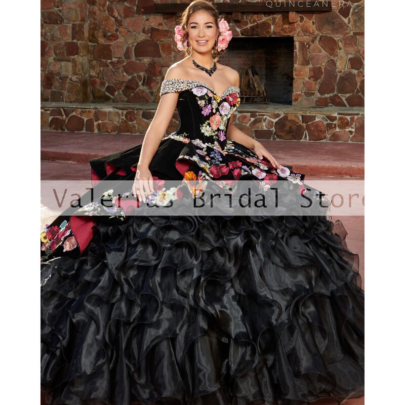 Charro Quinceanera Dresses Emboridery Purple Ball Gown Vestido De 15 Quinceañeras Birthday Party Gowns Ruffles Wedding Dress