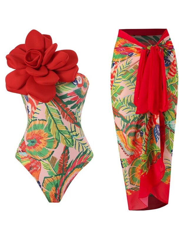 Модный летний повседневный комплект из 2 предметов 2024, женский сексуальный шифоновый слитный купальник с цветочным принтом и тропическим принтом и накидкой