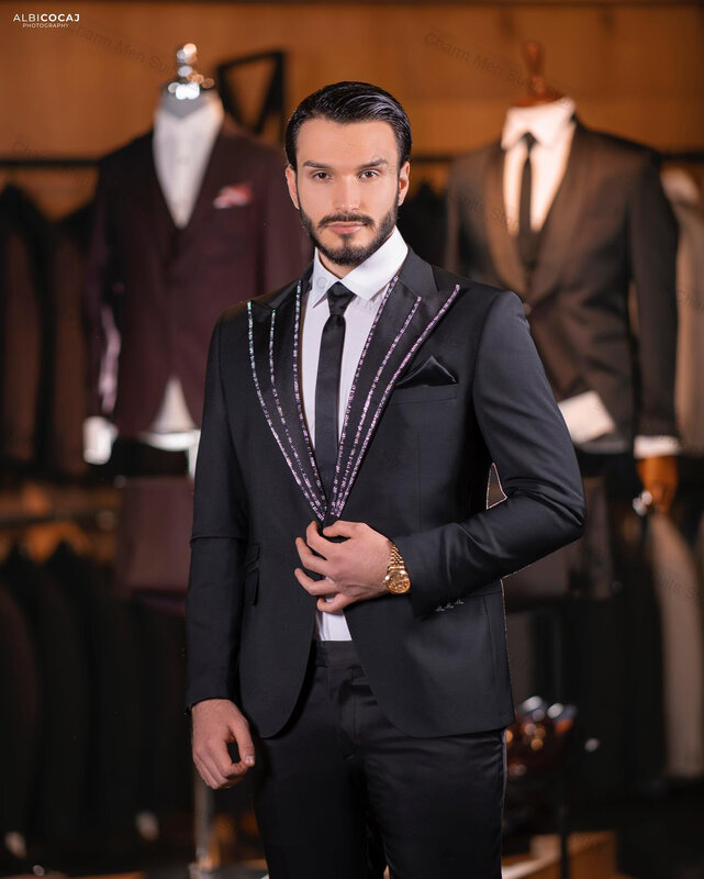 Conjunto de trajes negros de 2 piezas para hombre, chaqueta hecha a medida con solapa ostentosa, abrigo de esmoquin Formal para oficina, negocios, novio, boda