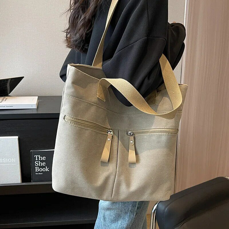 Bolso de lona de gran capacidad para mujer, bolsa de hombro con cremallera, estilo Preppy, combina con todo, a la moda, 2023