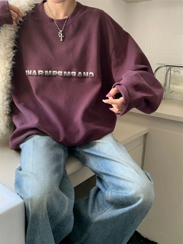 Deeptown Hip Hop Casual felpe con cappuccio a maniche lunghe donna Harajuku Vintage oversize o-collo felpe allentate Chic top Kpop Streetwear